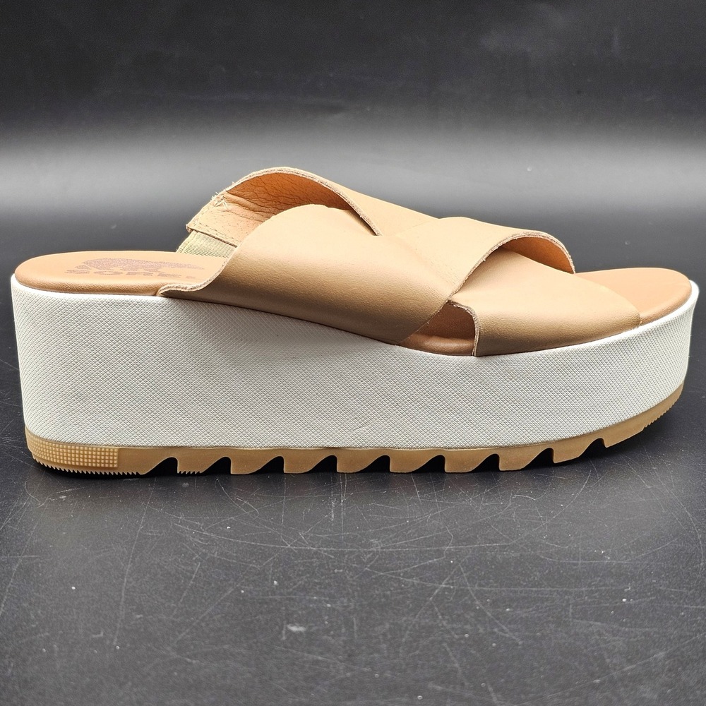 Sorel Cameron Flatform Slide Sandals Honest Beige Leather NL4633-246 Womens 5